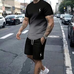 Manfinity 2pcs/1 Set Ombre Lightning Print Short Sleeve T-Shirt & Shorts